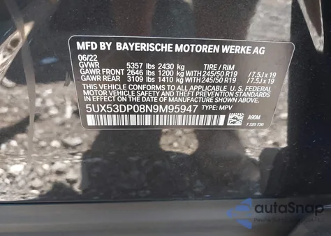 2022 BMW X3 xDrive30I z USA, uszkodzony, nr VIN 5UX53DP08N9M95947